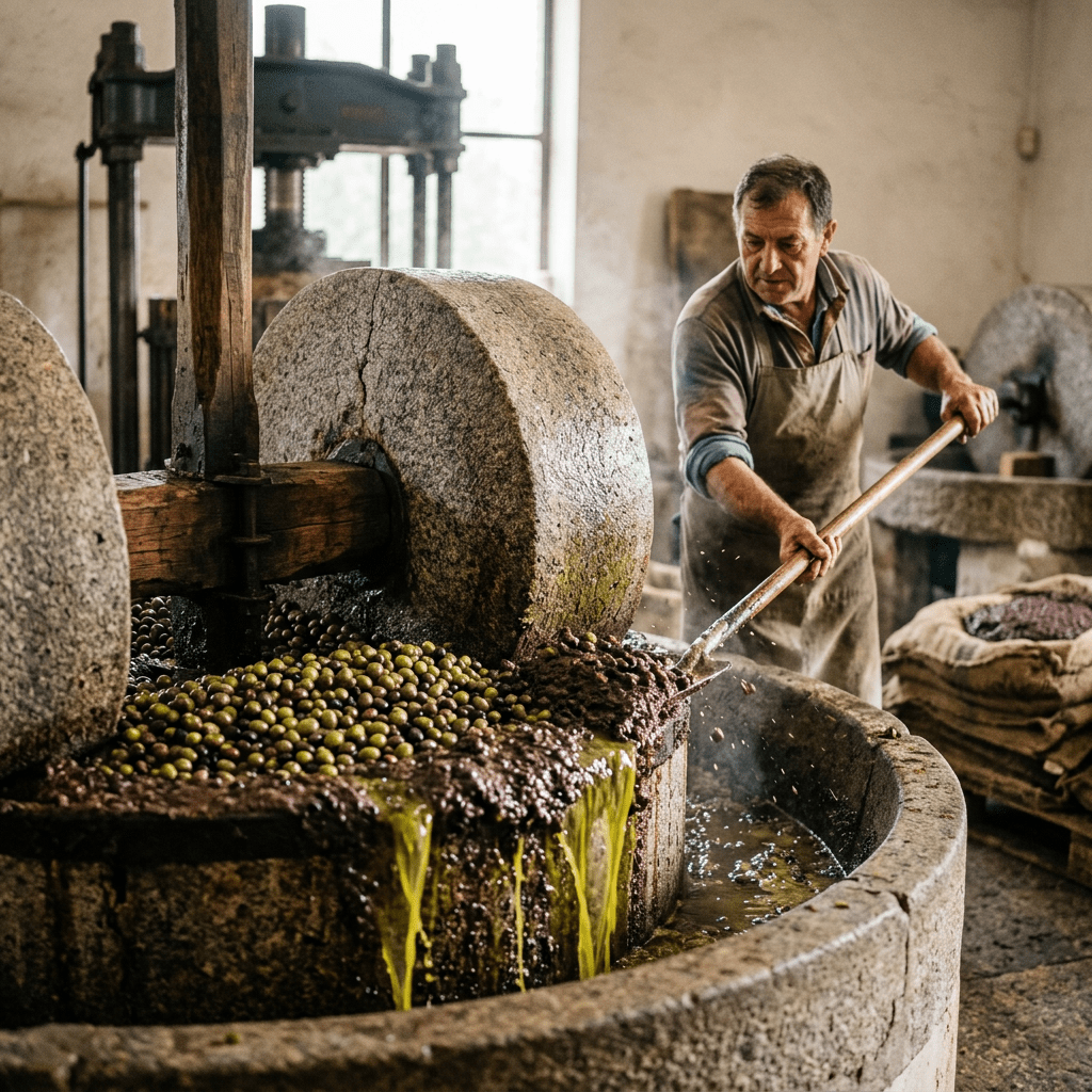 Man using stone mill to crush olives for olive oil extraction