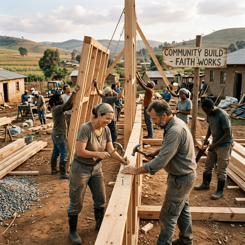 Volunteers constructing a wooden building beneath a Community Build sign